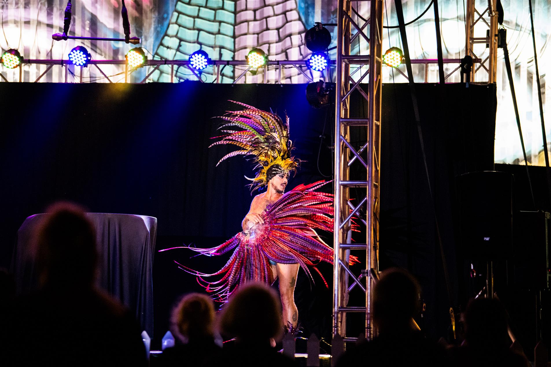 A performer wearing a colourful feather headpiece while holding colourful feather fans on stage.