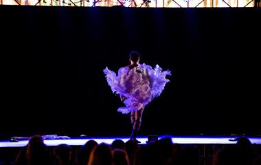 A male artist covered with feathers while performing on stage.